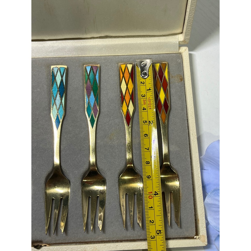 Vintage Georg Jensen Sterling Silver Enamel Harlequin Dessert 7 Forks Denmark - Picture 11 of 12